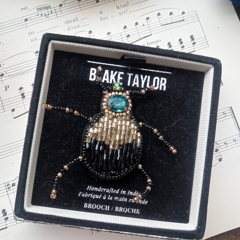 Beaded Beetle Brooch with Teal Crystal Accent -